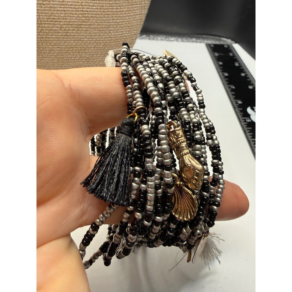 LINE Multi Strand Seed Bead Bracelet Black Silver Gold Charms Tassels IB3450BK